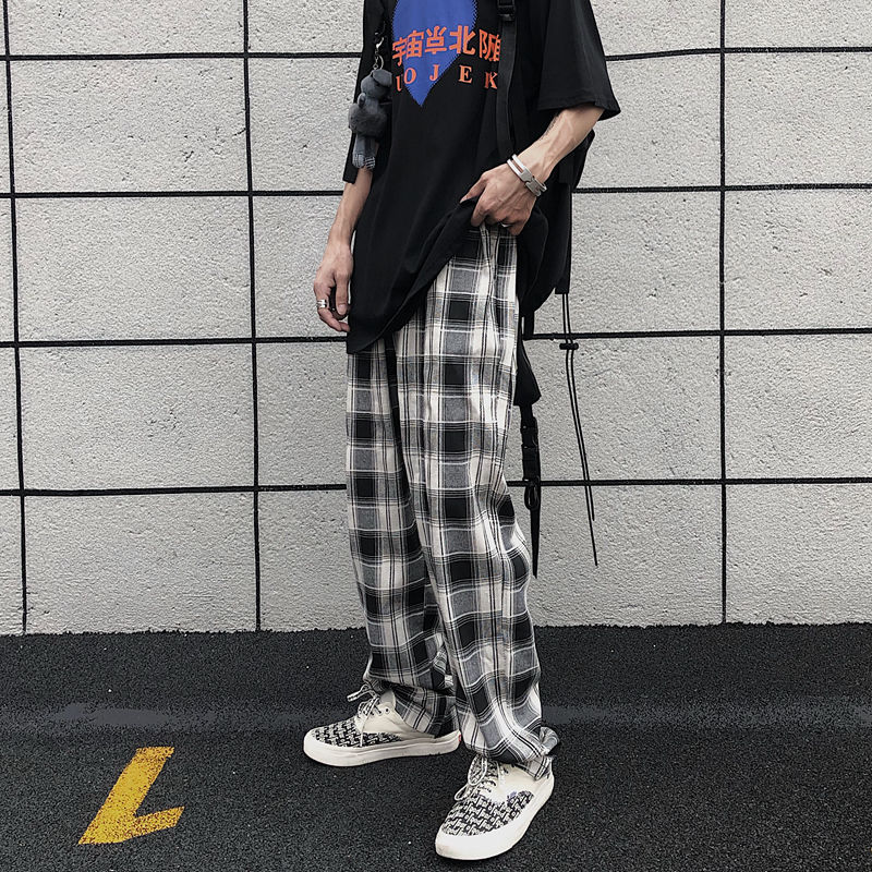 

Autumn Plaid Pants Men's Fashion Retro Straight Casual Pants Men Streetwear Loose Hip-hop Stretch Waist Trousers Mens -XL, White plaid