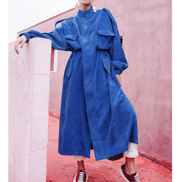 

2020 Autumn Women Long Coat Casaco Feminino Corduroy Material Women Long Trench Coat Lace-UP Waist Tops For Outerwear, Blue