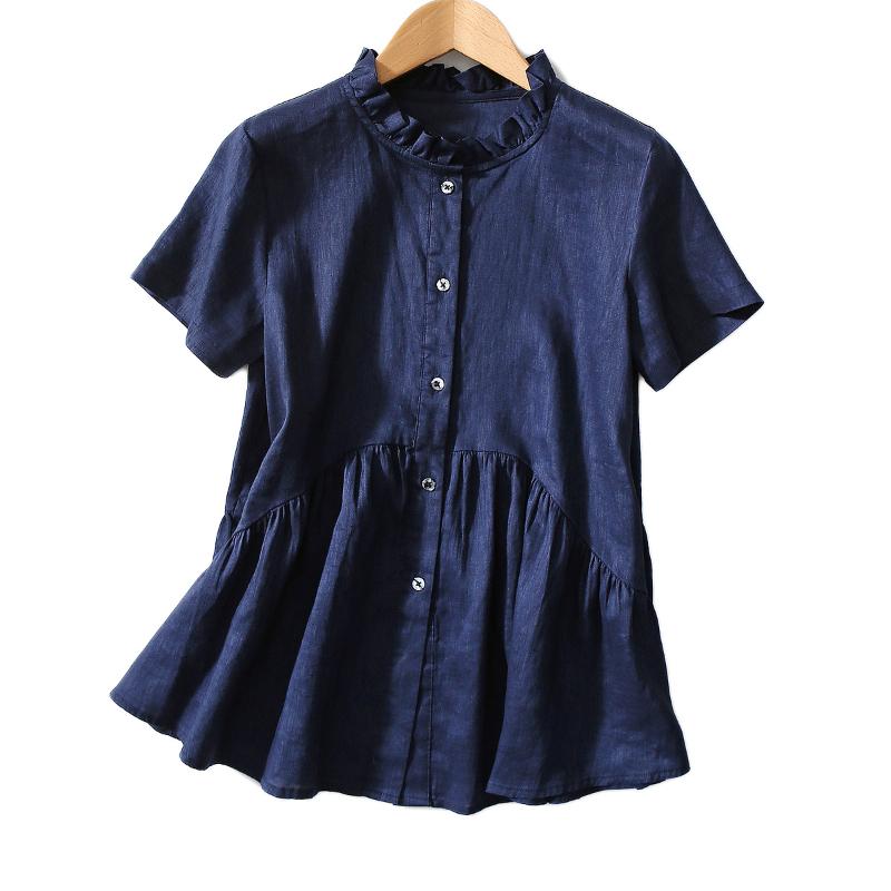 

Women Shirt Spring and Summer New Weaving Full Linen Reduction Age Delicate Cool Skin-friendly Women' Doll Collar Shirt, Beige