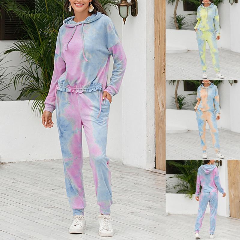 

High Quality Women Loose casual two pieces sets Tie-dye sexy Long sleeve +trousers Women Sets hooded Top and trousers#3, Orange