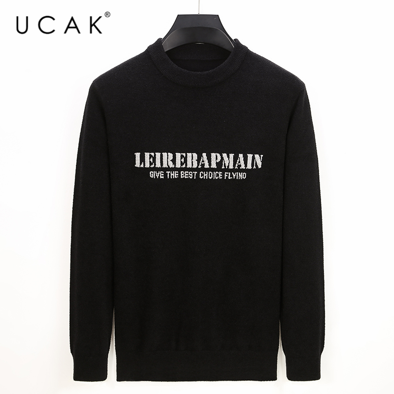 

UCAK Brand Cotton Sweater Men Clothes Streetwear Letter Pullover Pull Homme Autumn Winter O-Neck Casual Sweater Clothing U1161, Black