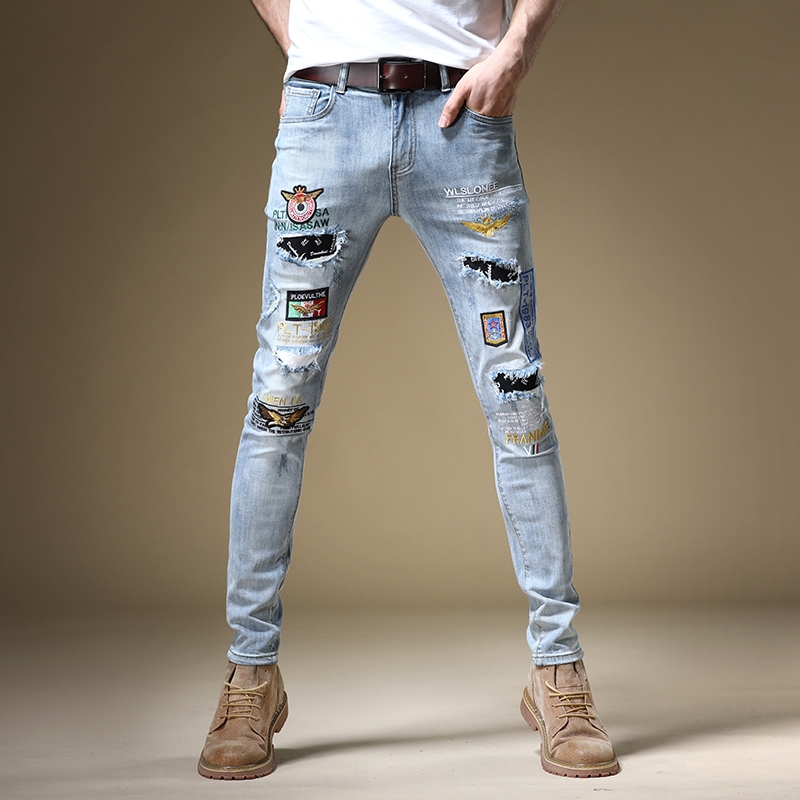 

Free shipping new fashion male men's Jeans Slim European American denim trousers summer thin high-end embroidery ripped PANTS, As pic