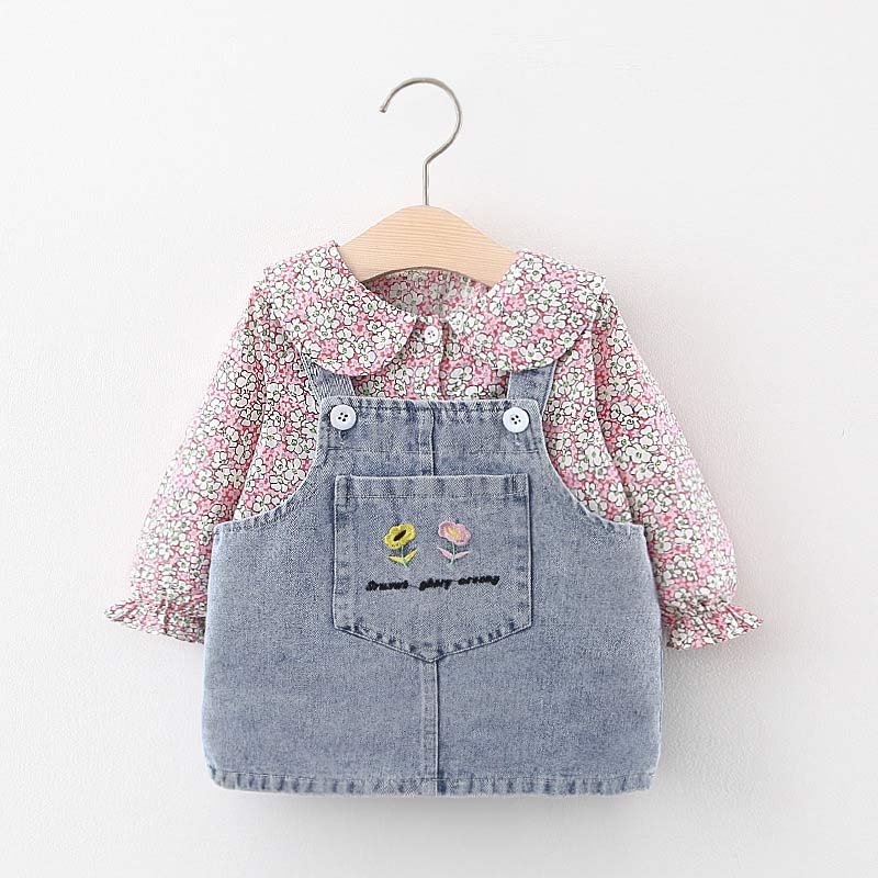 

Baby Dress Autumn Winter Print Shirt + Denim Dress 2Pcs Baby Clothes Set Princess Children's Clothes Toddler Girl, Ah3039pink