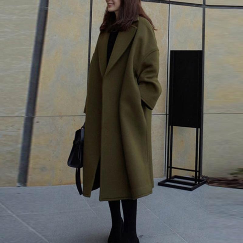 

Korean Fashion Wool Blend Autumn Winter Long Coat Casual Army Green Plus Size Oversized Loose Women Streetwear Thick Outwear
