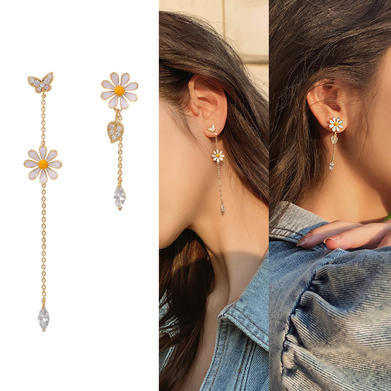 

Women tassel flower earring small daisy earrings rhinestones butterfly earring shape female ear jewelry fashion earrings, Silver