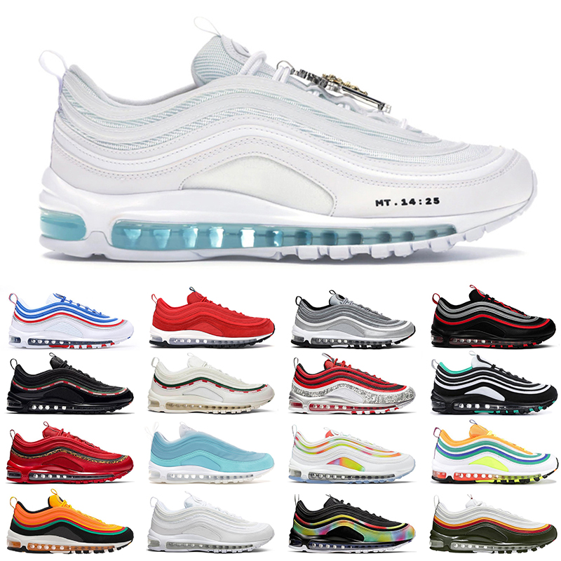 

MSCHF x INRI Jesus 97 men women outdoor shoes Sean Wotherspoon Game Royal Silver Bullet Reflective Bred mens trainer sneakers 36-45, Olympic rings pack red 40-45