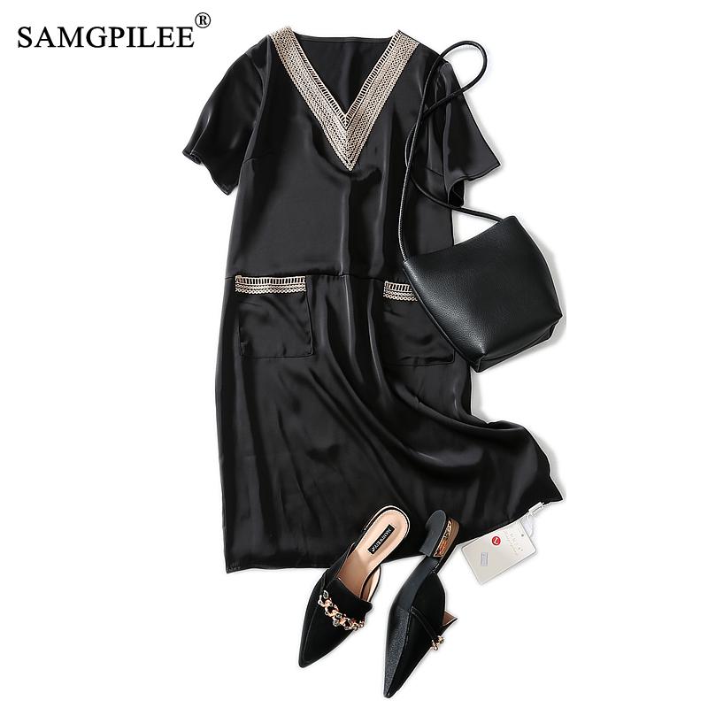 

Dresses Summer 2020 Woman Casual A-line Solid Short Sleeve Embroidery Plus Size Dress Empire V-neck Summer Clothes For Women 4XL, Black