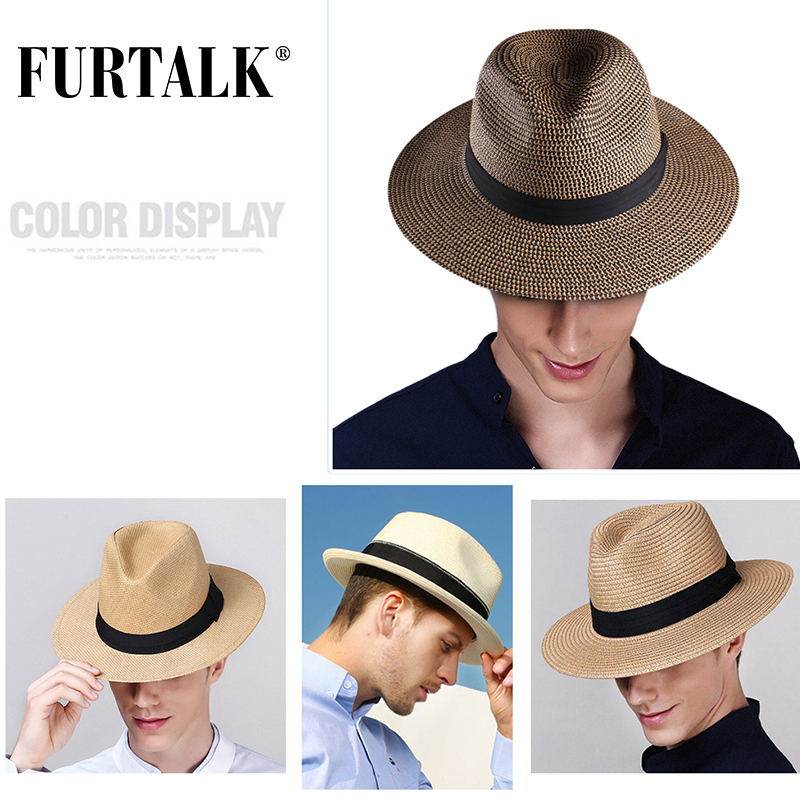 

FURTALK Summer for Women Men Panama Straw Hats Travel Beach Sun Wide Brim Fedora Jazz Hat Y200716, Beige black