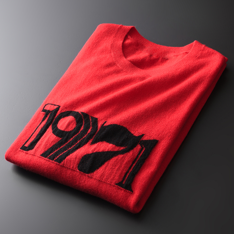 

Minglu Wool Mens Sweaters Luxury Letter Jacquard Round Collar Sweater Male Autumn And Winter Slim Fit Sweaters Man Plus Size 4xl, Red hdm006