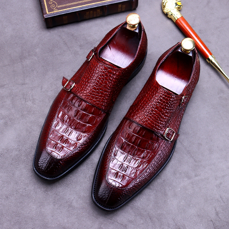 

Powerful2020 Crocodile Pattern Handmade Leather Shoes Mengke Pointed British Business Formal Wear Korean Buckle Monk Men's, Black