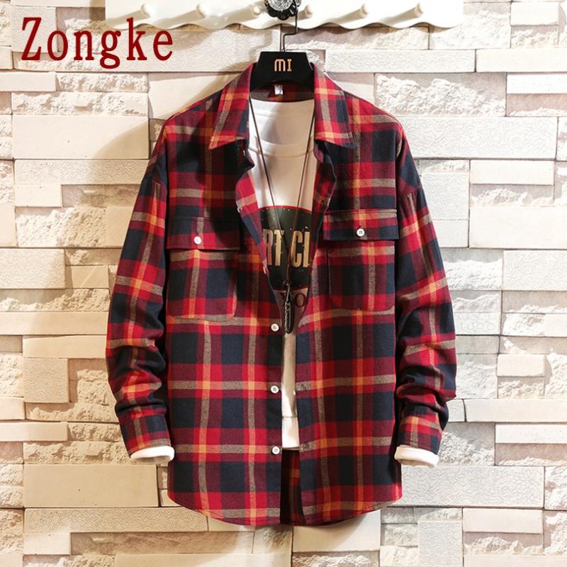 

Zongke Plaid Shirt Men Checkered Shirt Cotton White Blouse Korean Clothes Streetwear 2020 New Arrival -5XL, Green