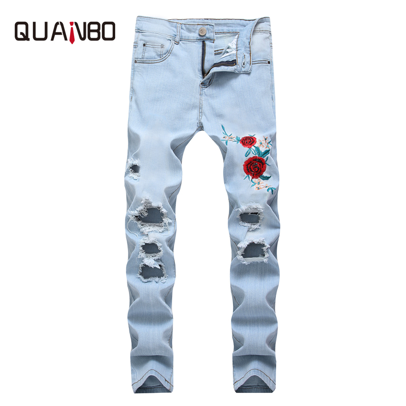 

QUANBO 8 Colors Mens Ripped Jeans 2020 New Fashion Embroidery Rose Men Jeans Light Blue Slim Fit Stretch Denim Pencil Pants 42
