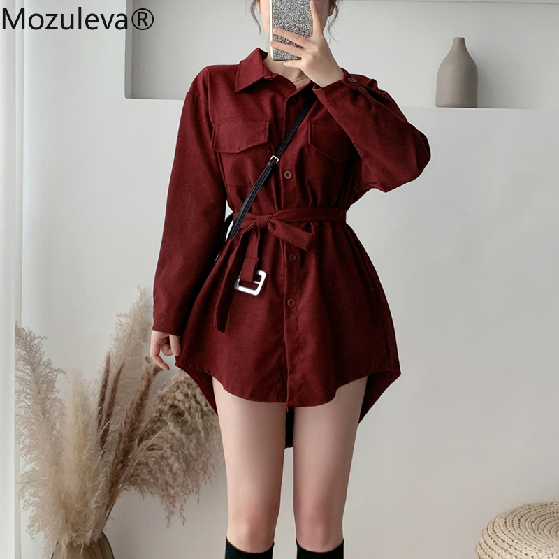 

Mozuleva 2020 Spring Blouses Long Sleeve Single-breasted Sashes Women Shirts Tops Lapel Pocket Female Corduroy Blouses Shirts, Black