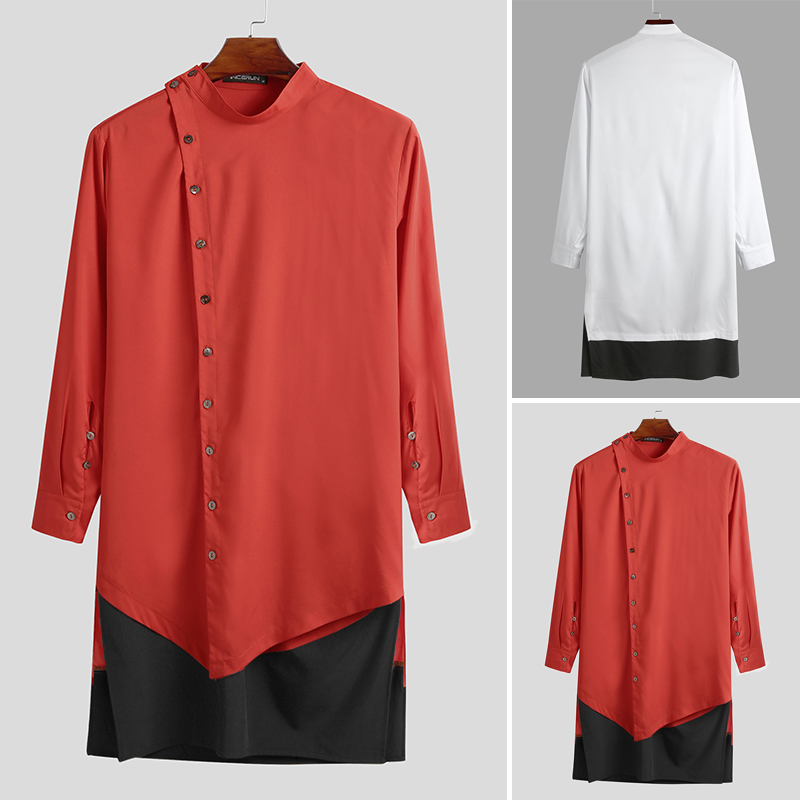 

Mens Fashion Long Shirts Long Sleeve Stand Collar Patchwork Muslim Kaftan Blouse Man Leisure Buttons Kurtas Camisas 5XL INCERUN, Red