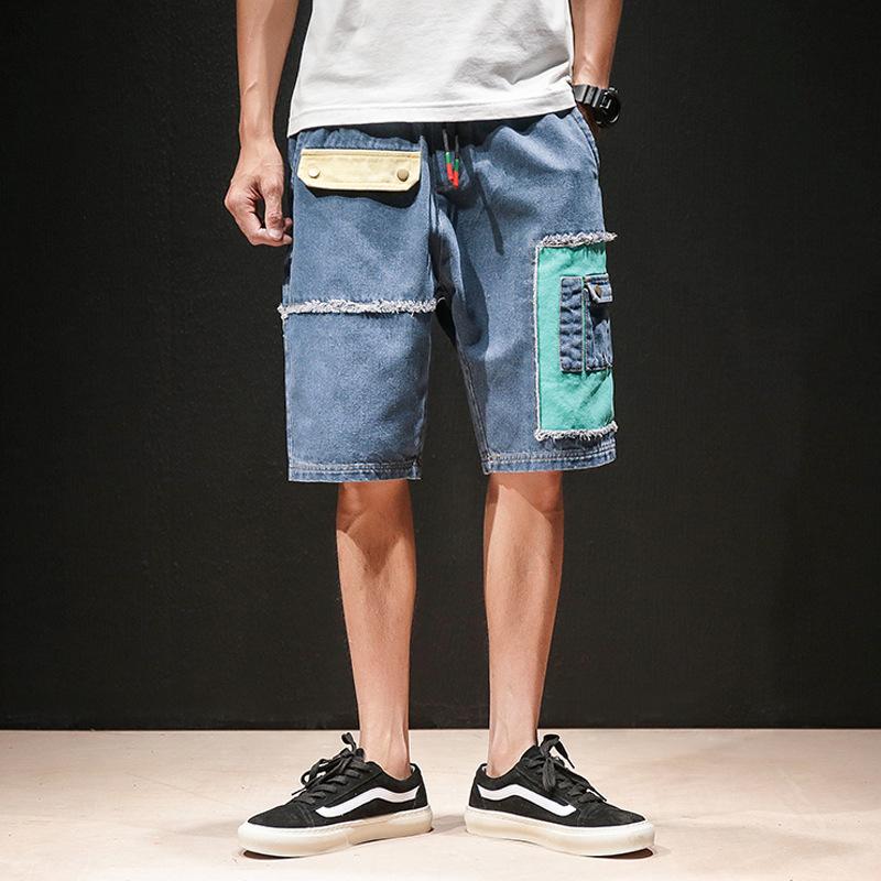 

2019 Summer New Patchwork Mens Jeans Shorts Multi-pocket Casual Hip Hop Men Short Pants Streetwear Mens Cargo Shorts, Blue