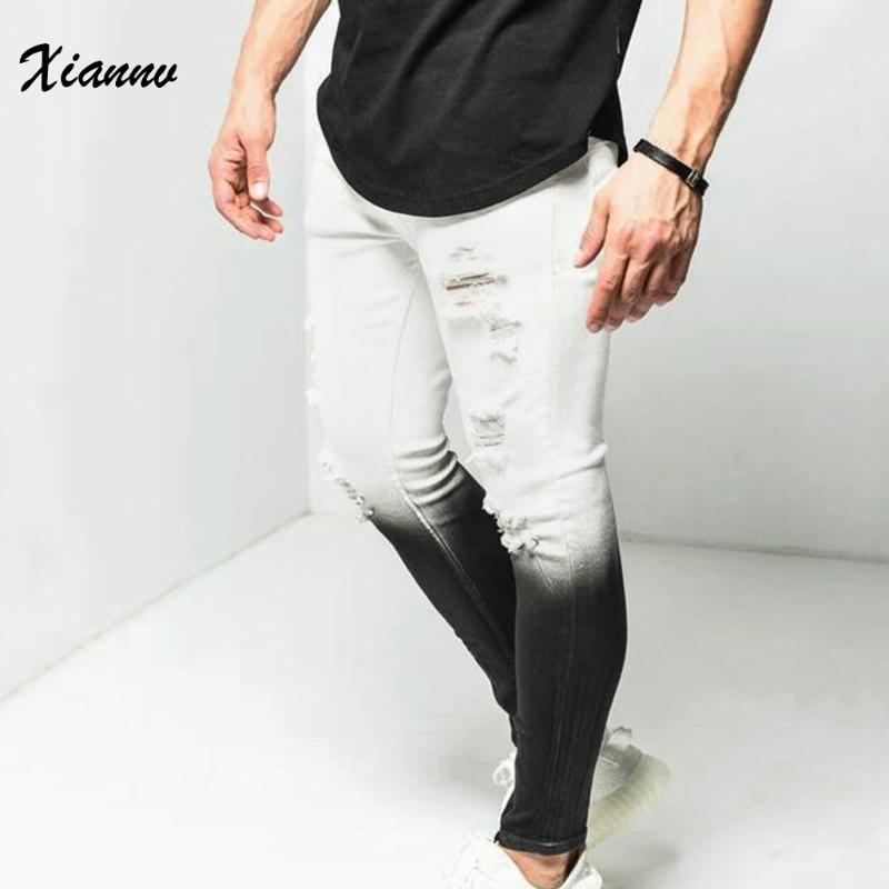 

Men' Pants 2020 Summer New Fashion Solid Denim Trouser Distressed Jeans Long Pencil Pants Streetwear Mens Casual Cotton, White