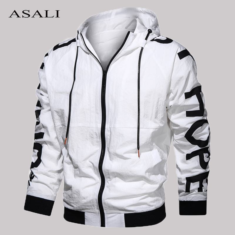 

Thin Autumn Hooded Jacket Men Hoodies Print Windbreaker Mens Hip Hop Loose Bomber Coat Male White Overcoats Streetwear US Size, Mgc08white