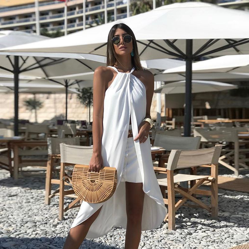 

O Neck Off Shoulder Wrap Dress Pure Color Without Sleeves Vestidos Boho Hippie Chic Backless Loose Women' Dresses, White