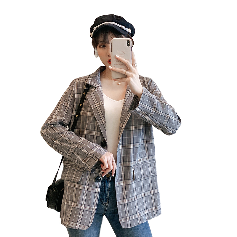 

Women's jacket new 2020 autumn slim fashion casual temperament loose plaid single breasted small suit women h00180, Blue