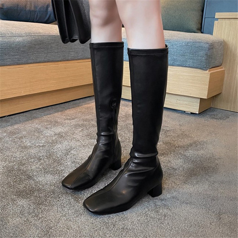

PXELENA INS Hot Celebrity Stretch Knee High Boots Women Square Toe Med Heels Zip Dress Party Long Boots Autumn Winter Shoes 2020, Coffee autumn