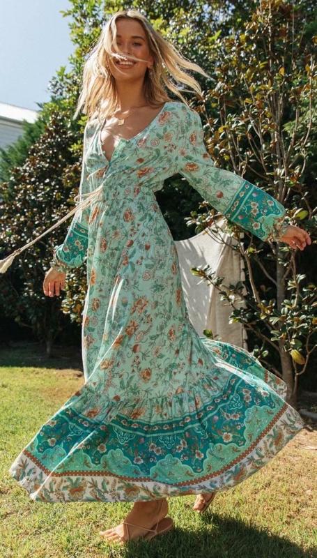 

2020 Summer Bohemian Maxi Dress Femme Rayon Green Long Dress V-neck Ruffles Mujer Robes Printing Holiday Vestidos