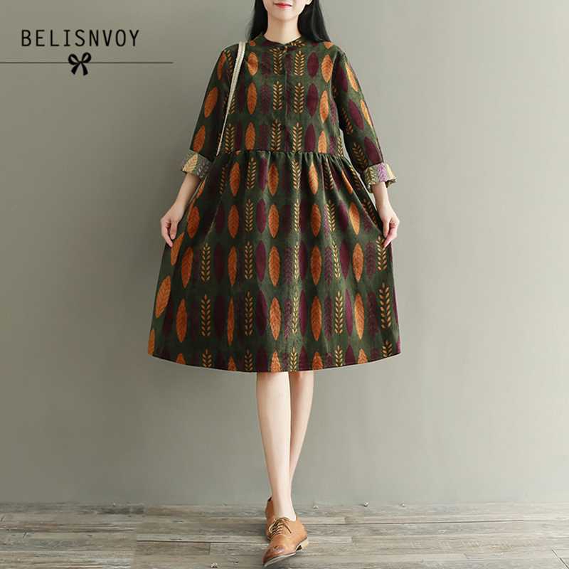 

Robe Femme 2020 Mori Girl Autumn Winter Women Clothing Printed Long Sleeve Single Breasted Plus Size Corduroy Vintage Dress, As picture