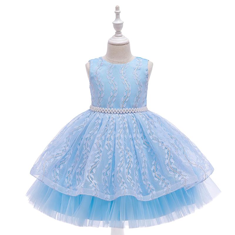 

3D Applique Beads 2020 New Princess O-Neck Full Year Dress Flower Children's Dress Piano Costume Lrregular Sequin for Girl, Champagne