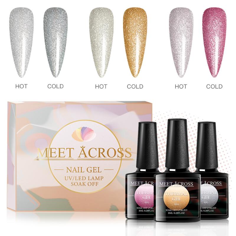 

MEET ACROSS 3PCS/Set Thermal Color Changing Gel Set Nail Polish Glitter Temperature Soak Off UV Gel Varnish 8ml Nail Art