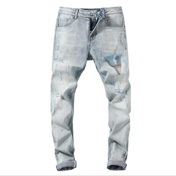 

2020 Vlong New Streetwear Hip hop Stretch hole straight badge pants explosive metal embroidered washed old vintage jeans Long trousers, Blue