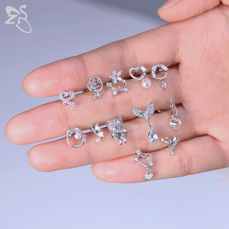 

ZS 24 Styles Shiny Crystal Stud Earrings For Women Planet Flower Shape Ear Cartilage Piercings Pearl Ear Studs Jewellery