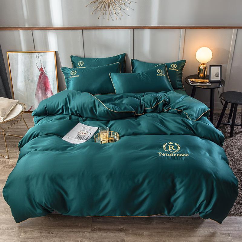 

letter embroidery pure satin silk bedding set bed sheet duvet cover sheet Fitted Bed Flat king queen size, Green