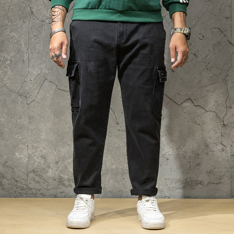 

Oversized men's jeans, fattening elastic overalls, autumn fashion fat, loose fat, straight tube trousers, men, Black