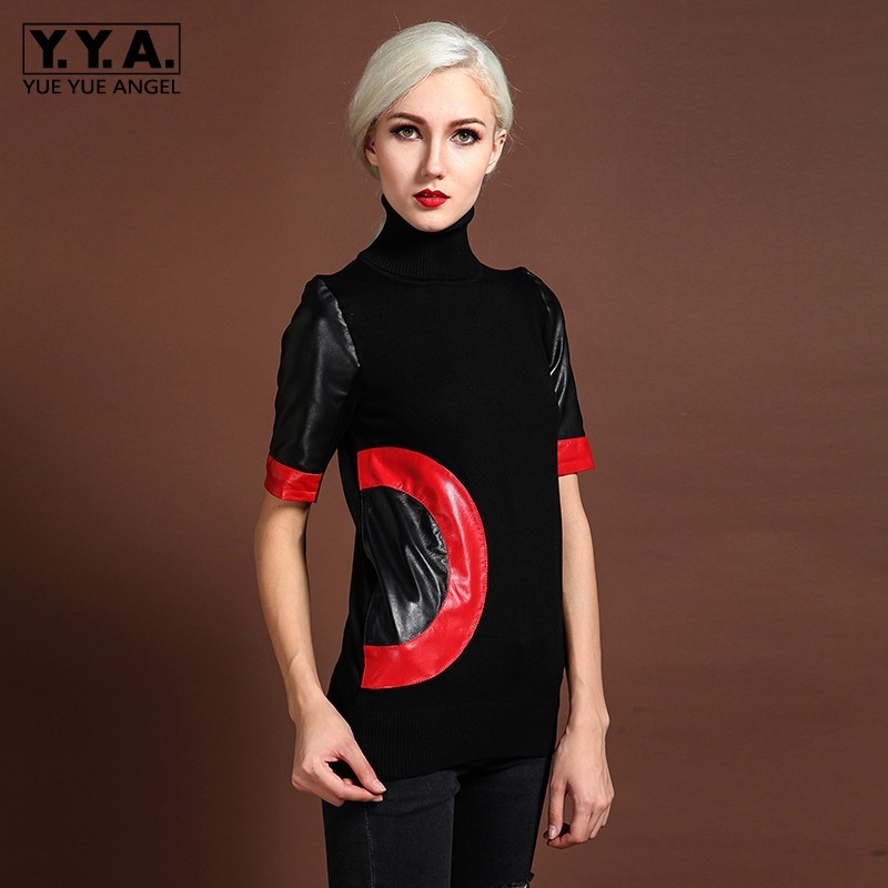 

Fashion Women Patchwork Sweater Office Lady Stretch Slim Fit Knitting Sweater Turtleneck Thicken Short Sleeve Slim Pullovers, Black