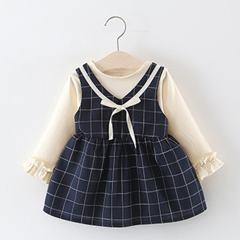 

Baby clothes Fashion Cute Plaid Stitching Dress Pure Cotton Long Sleeve Female Baby Cartoon Print Mini Dress, 1231 blue
