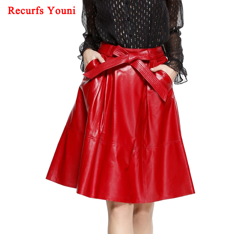 

2020 Winter Female Genuie Leather Midi Skirt Lady Street Saia Bow Belt Retro Vase Big Red/Blue Faldas Girls Pleated Jupe Faldas, Black