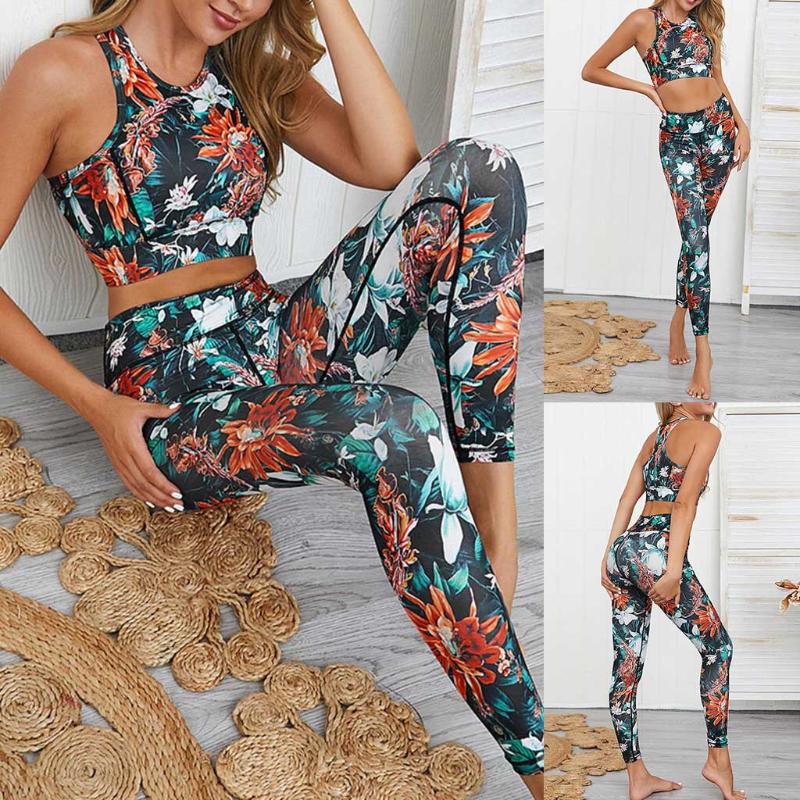 

Fashion Woman Flower Print Elastic Waist Casual Yoga Suit Short Tops Full Length Pants Comfortable Sports Yoga Two-Piece Outfits, Gn
