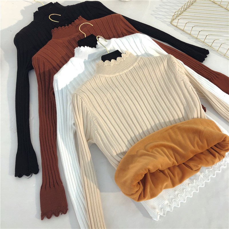 

Winter New Half Turtleneck Women Short Knit Sweater Pullover Plus Velvet Thicken Bottom Sweater Casual Female Jumper Tops Y62, Caramel colour