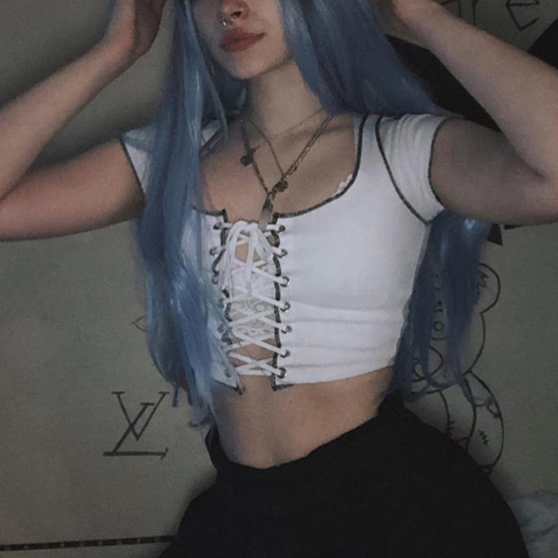 

Harajuku Punk Black Hollow Out Lace Up Tees Crop Top Woman Summer Casual Bodycon Sexy Low Chest Party Streetwear T-shirt