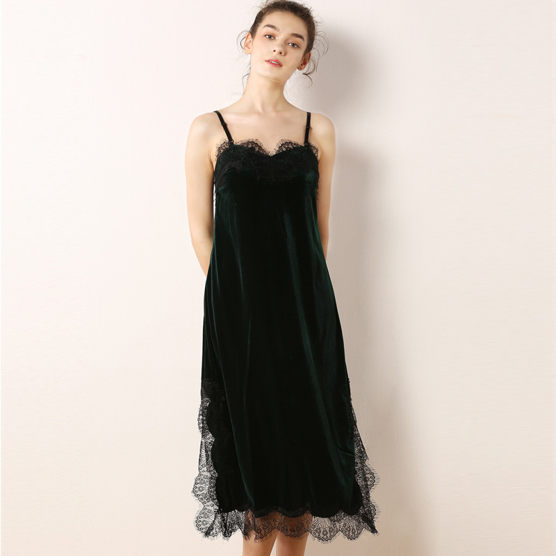 

Autumn Sexy Eyelash Long Nightdress Sleeveless Spaghetti Strap Sleeping Dress Gold Velvet Lace Sleepwear Ropa Para Dormir Mujer, Black