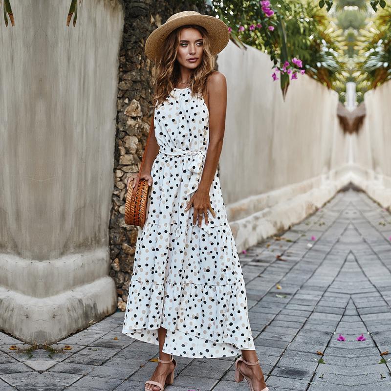 

Fashion Summer Sleeveless Dress Long Dot Vacation Style Print Dress Women Lace Up High Waist O Neck Big Swing, Light green