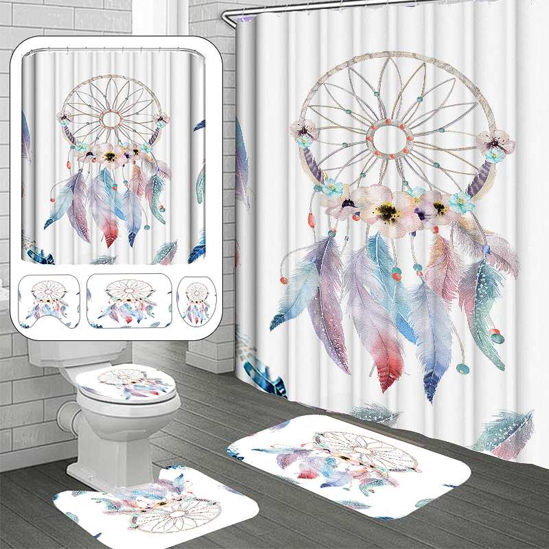 

4pcs Modern 3D Printing Dreamcatcher Shower Curtain Set Waterproof Bath Curtain with Hooks Anti-Slip Toilet Cover Bathroom Mats