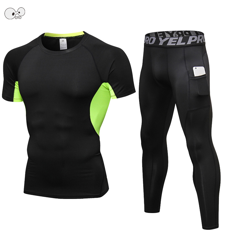

Short Sleeve Shirt+Pocket Pants 2Pcs Running Set Men Compression Fitness Sport Suit Quick Dry Gym Tracksuit Sportswear Rashguard, White