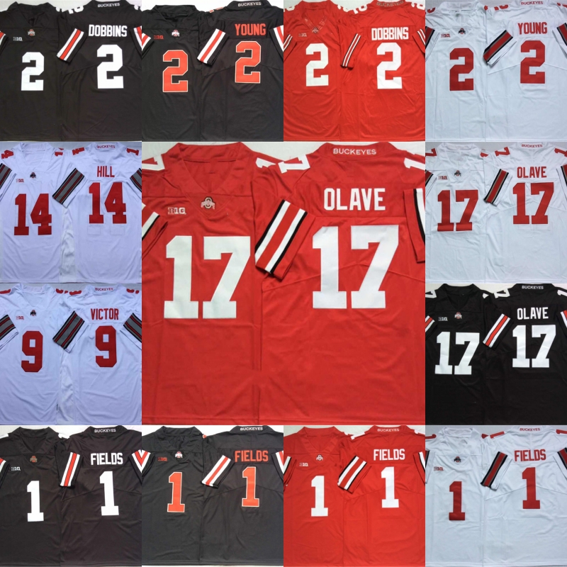 

OSU NCAA 2020 Ohio State Buckeyes 9 Binjimen Victor 14 KJ Hill 1 Justin Fields 2 Chase Young 17 Chris Olave 100% Embroidery Football Jerseys, 17 red