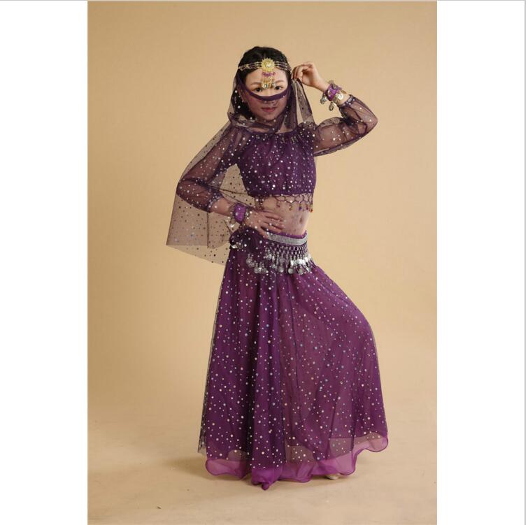 

Children Dance 5-piece Girls Costume Set (Top, Dress, Veil , Waist Chain and Bracelet ) Bollywood Dance Costumes, Yellow