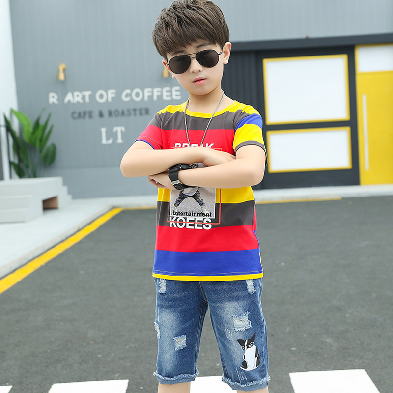 

Kids wear boys handsome short-sleeved T-shirt jeans two-piece cartoon printed sweatshirt beach pants hot sale quality clothing, Photo color