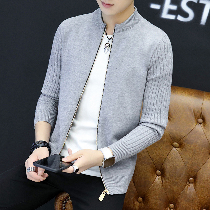 

Men's Collar Sweater High Quality Fashion Korean Slim Men's Cardigan Solid Color Zip Sweater Jacket, Creamy-white