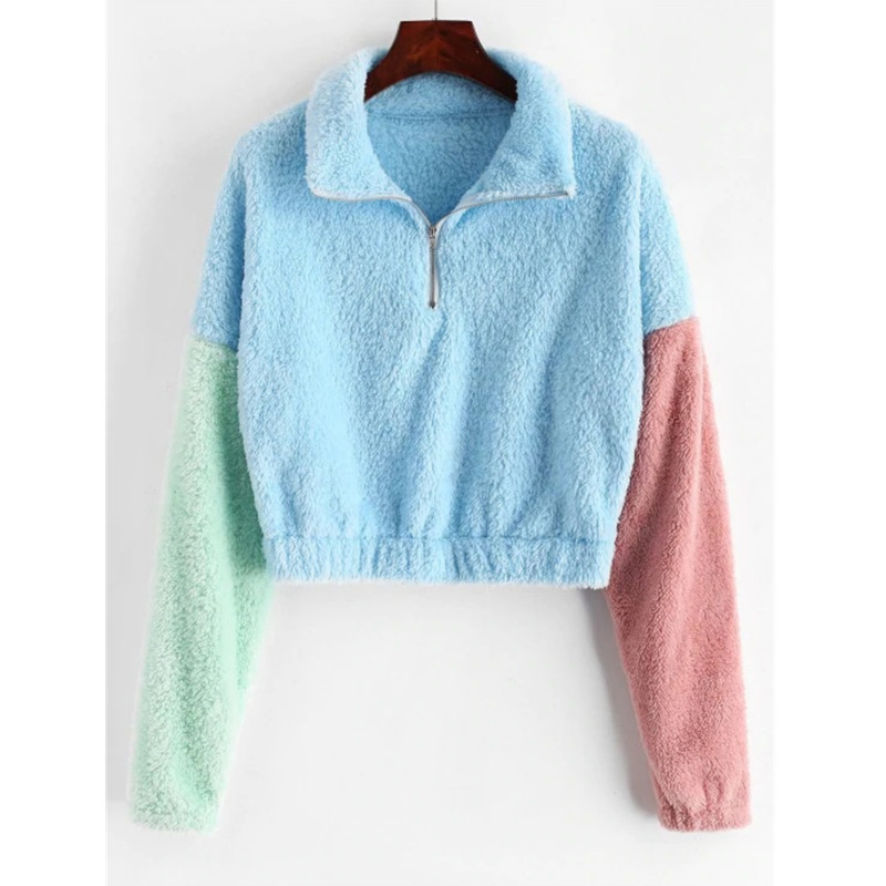 

Women' Patchwork Pullover Coat 2020 Autumn New Fashion Long-sleeved Crop Top Turn Down Collar Spliced Zipper Ladies Short Coats, Blue