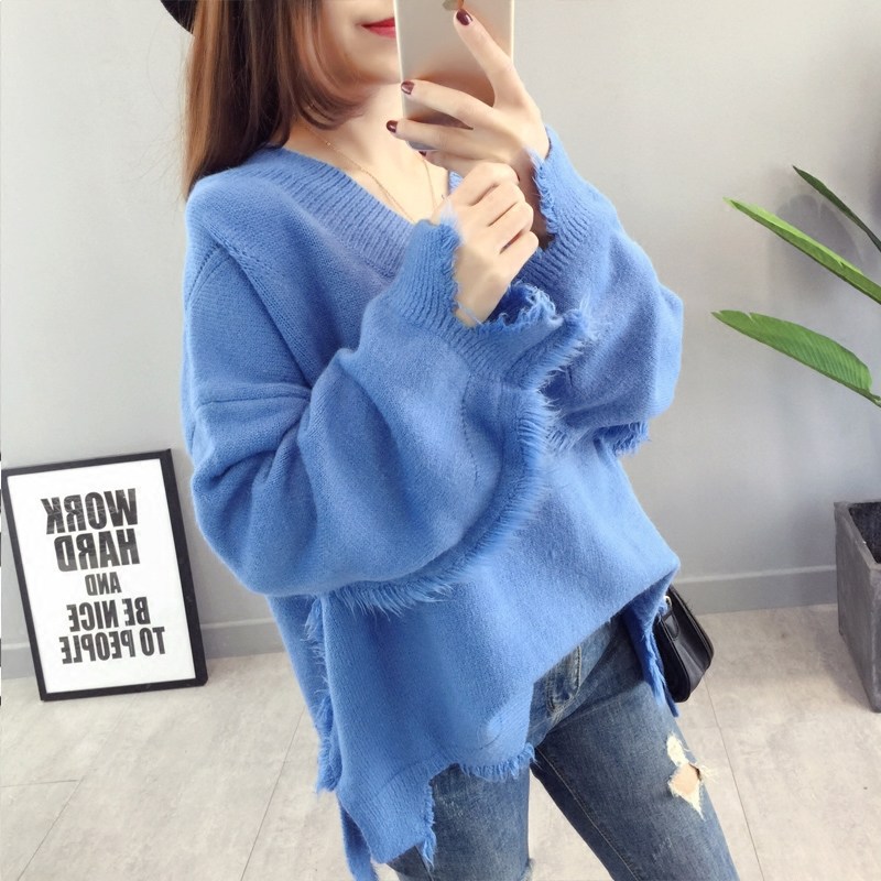 

Korean Style V-neck Pullover Women Sweater Short Front Long Back Ripped Edge Tassel Fashion Tops Outerwear Loose Knitted Sweater, Beige