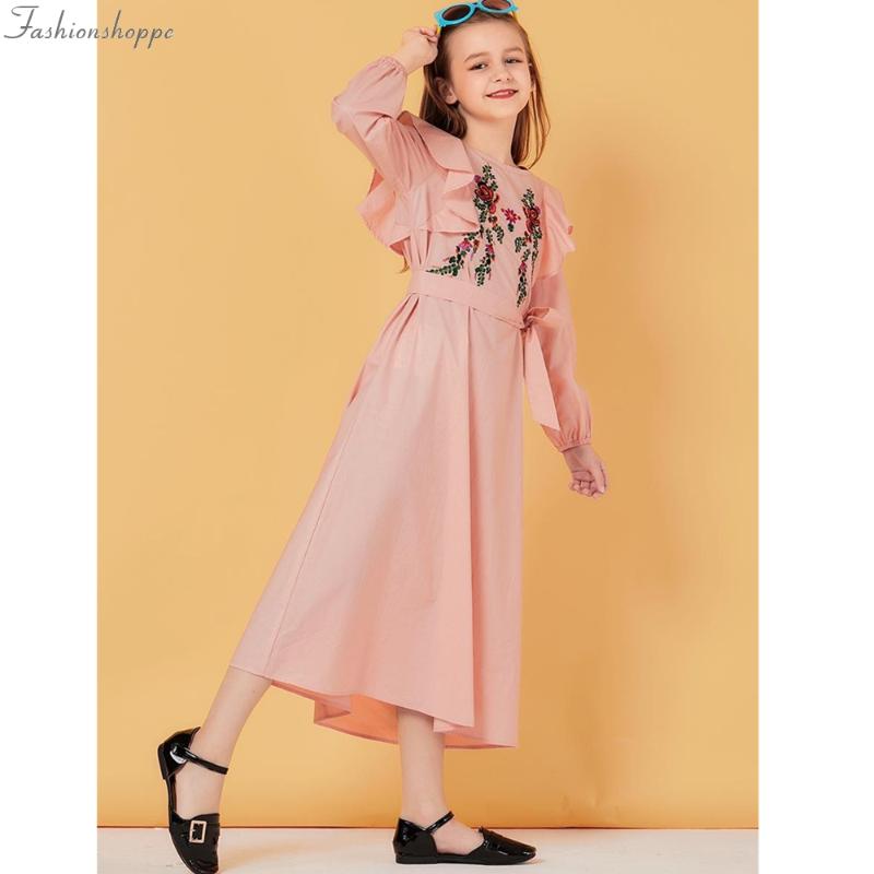 

Dubai Kids Pure Color Embroidery Long Dress Muslim Child Girl Casual Dresses Long Sleeve Plus Size Autumn