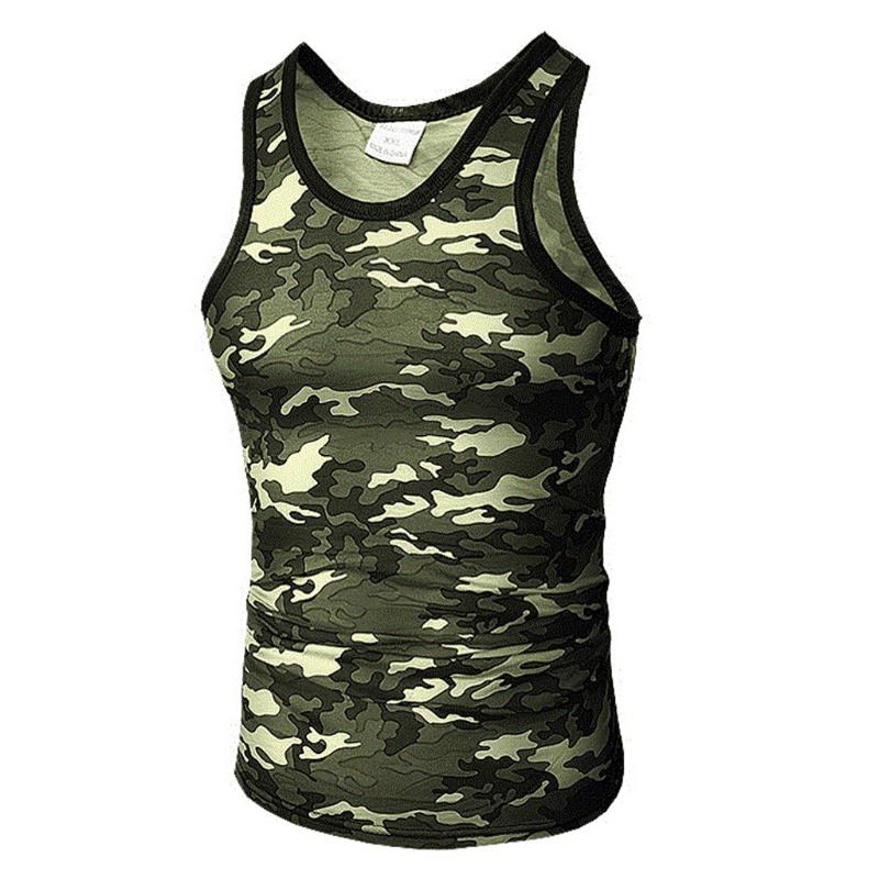 

Bodybuilding Men's Summer Casual Slim Fit Sport Camouflage Elastic Short Tops Vest camiseta debardeur homme, Army green